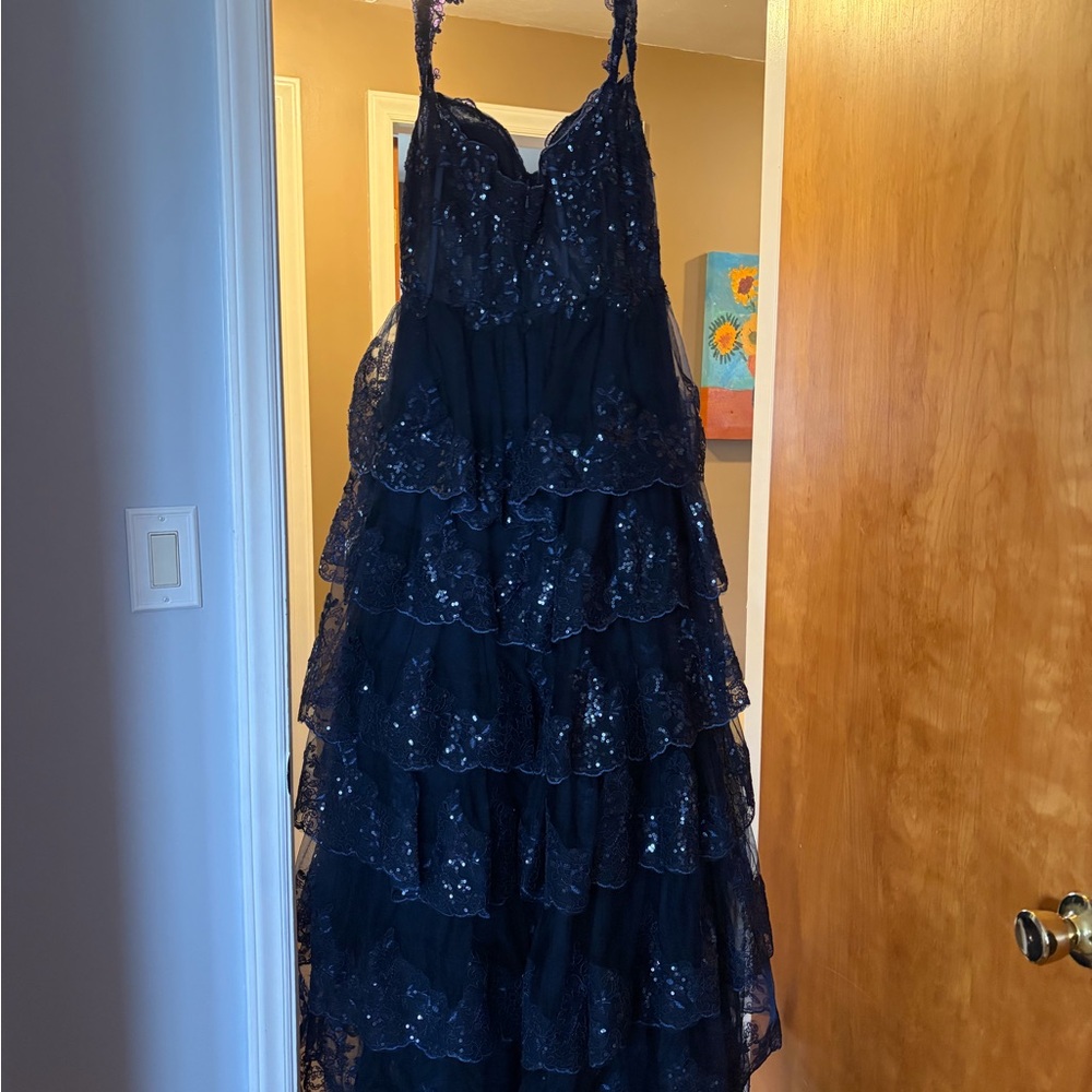Navy Sequin Tiered Ruffle Evening Gown